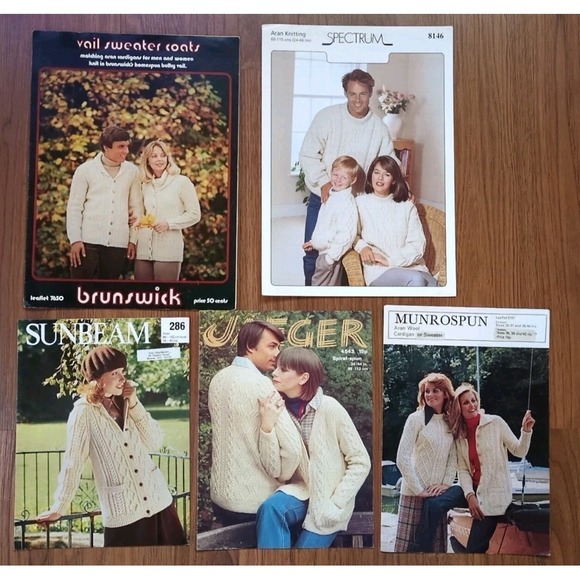 Jaeger Sunbeam Brunswick Munroespun Spectrum Sweaters - Lot of 5 Vtg Aran Fisherman Sweaters Cardigans Knitting Patterns British Jaeger